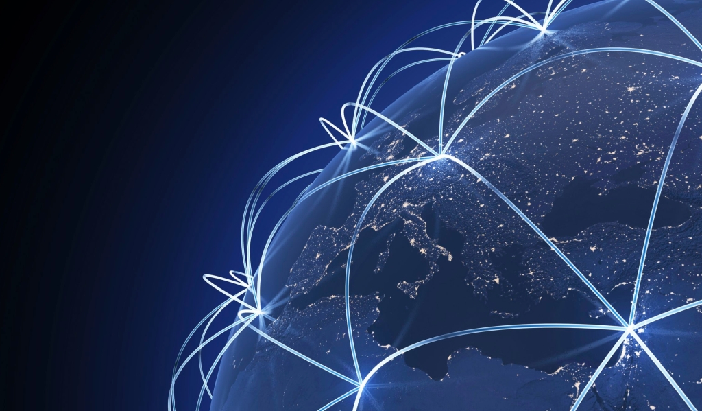 A global network of lines connecting the world, facilitating communication and connectivity.